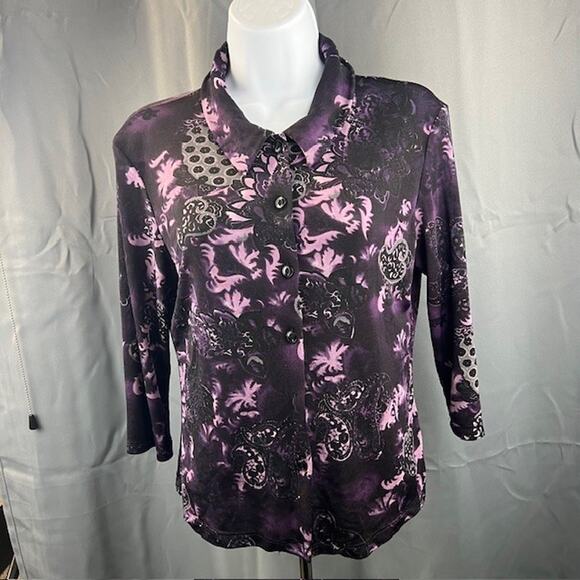 Per Se Tops - Per Se Button Front Top Small Purple Black Floral Witchcore Gothcore Dark Shirt
